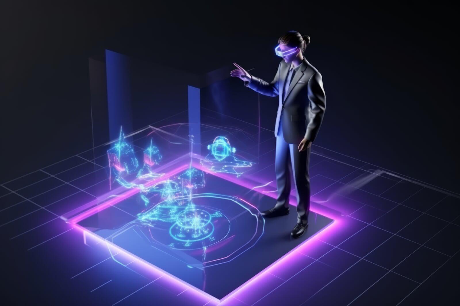 Shopper using an augmented reality headset with a digital product preview.